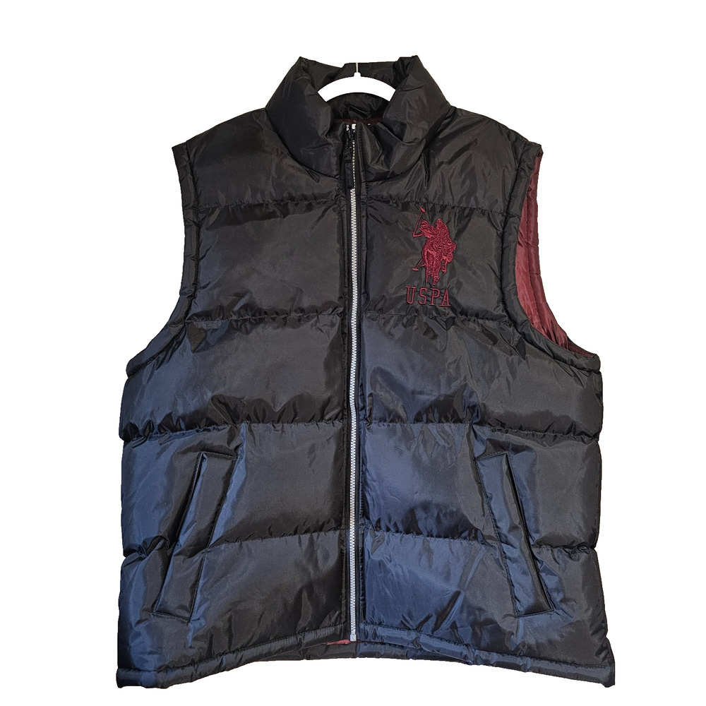 US Polo ASSN Flannel Lined Full Zip Button Winter Puffer Black Vest Men M